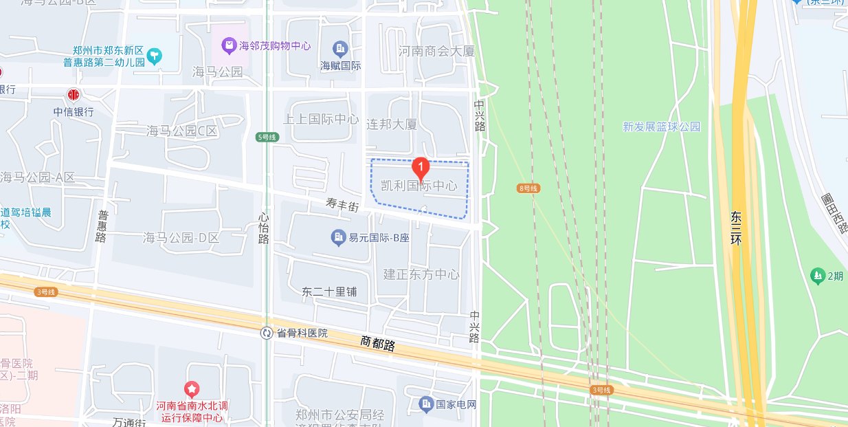河南词元集策科技有限公司 办公地址定位图，位于郑州市郑东新区凯利国际中心