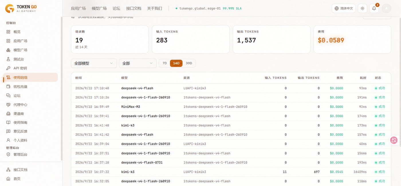 Token GO 使用日志界面截图，展示调用记录与消耗查询