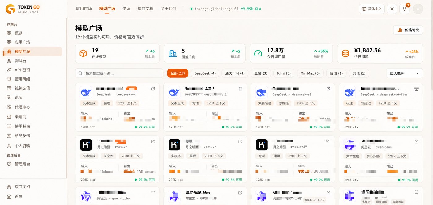 Token GO 模型广场界面截图，展示多模型列表与调用入口